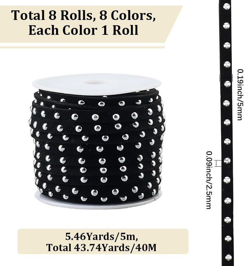 CALFOVERA 43.7 Yards 8 Colors Faux Suede Cord for Jewelry Making 5mm Studded Flat Leather Lace Beading String Rope Strips Trim Ribbon with Silver Punk Rivets for Necklaces Bracelets DIY Crafts - Image 2